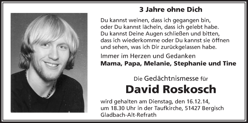  Traueranzeige für David Roskosch vom 10.12.2014 aus  Bergisches Handelsblatt 