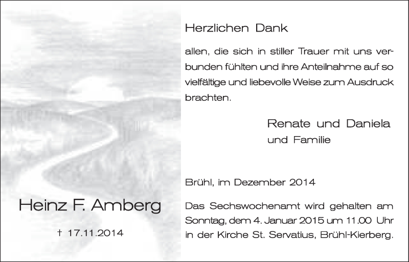  Traueranzeige für Heinz F. Amberg vom 17.12.2014 aus  Schlossbote/Werbekurier 