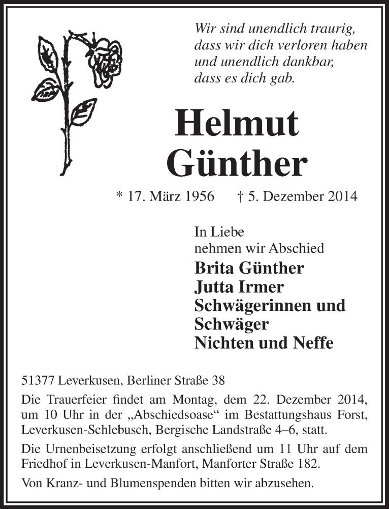  Traueranzeige für Helmut Günther vom 17.12.2014 aus  Lokale Informationen 