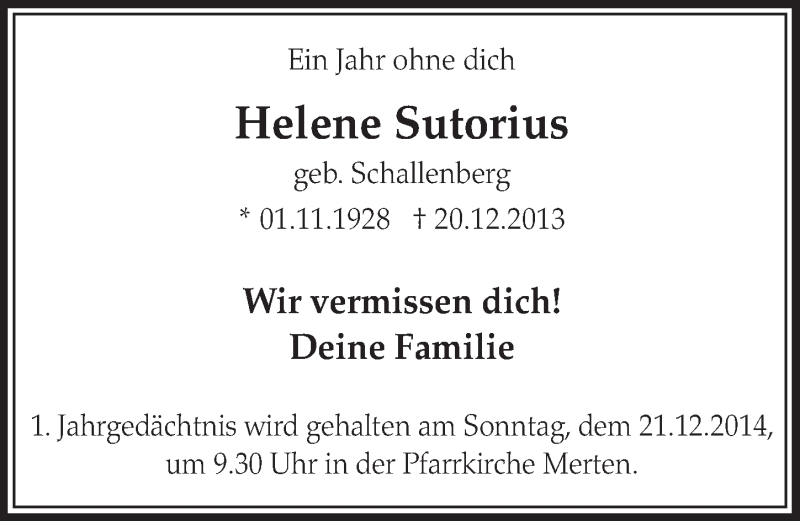  Traueranzeige für Helene Sutorius vom 17.12.2014 aus  Schlossbote/Werbekurier 