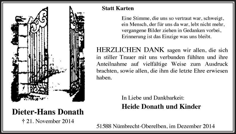  Traueranzeige für Dieter-Hans Donath vom 17.12.2014 aus  Lokalanzeiger 