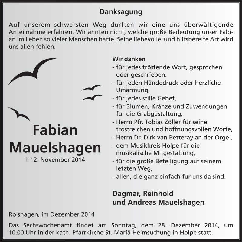  Traueranzeige für Fabian Mauelshagen vom 17.12.2014 aus  Lokalanzeiger 