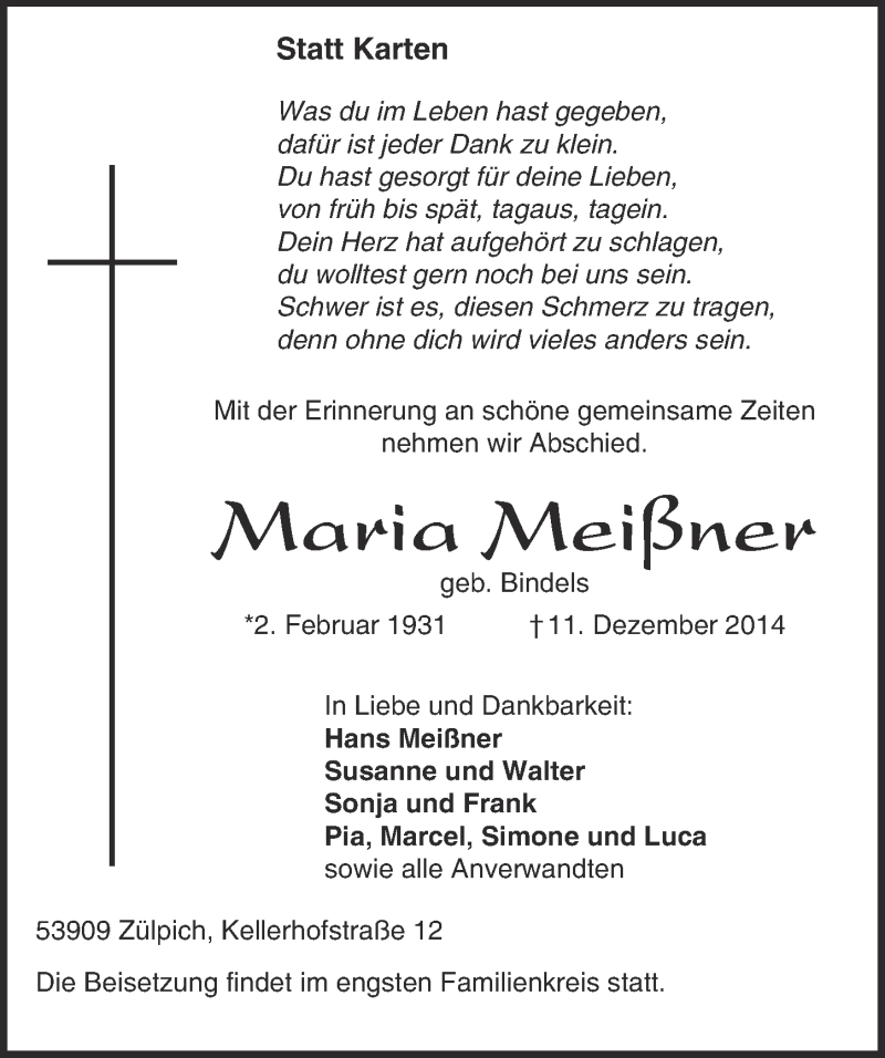  Traueranzeige für Maria Meißner vom 21.12.2014 aus  Blickpunkt Euskirchen 