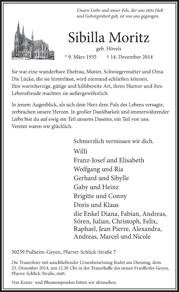  Traueranzeige für Sibilla Moritz vom 20.12.2014 aus  Sonntags-Post 