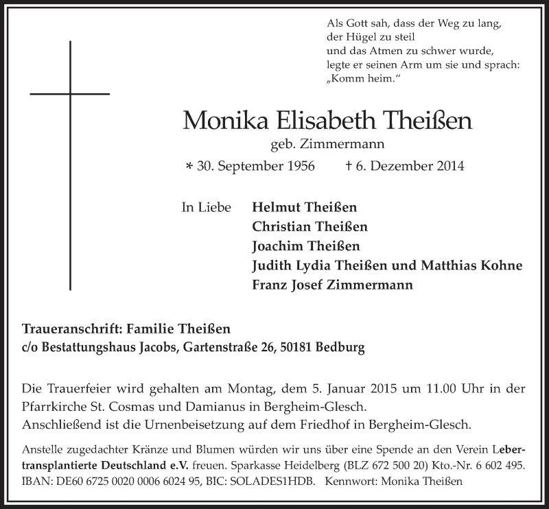  Traueranzeige für Monika Elisabeth Theißen vom 30.12.2014 aus  Werbepost 