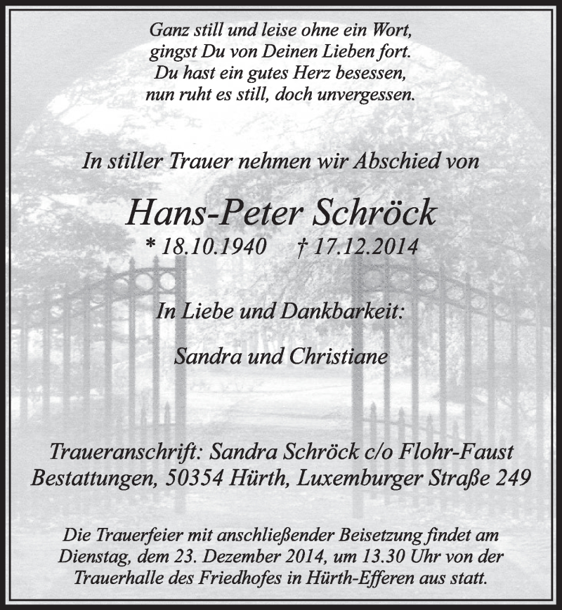  Traueranzeige für Hans-Peter Schröck vom 20.12.2014 aus  Sonntags-Post 