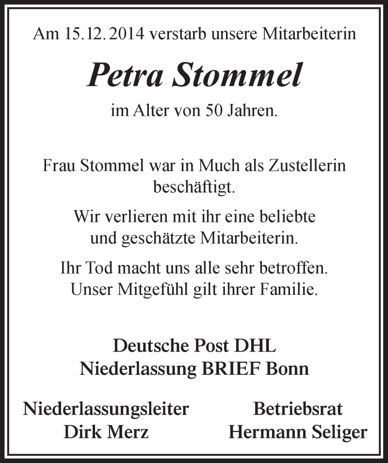  Traueranzeige für Petra Stommel vom 23.12.2014 aus  Extra Blatt 