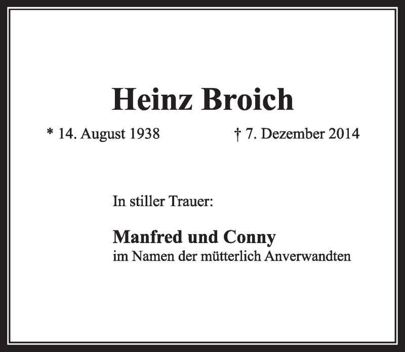  Traueranzeige für Heinz Broich vom 20.12.2014 aus  Sonntags-Post 