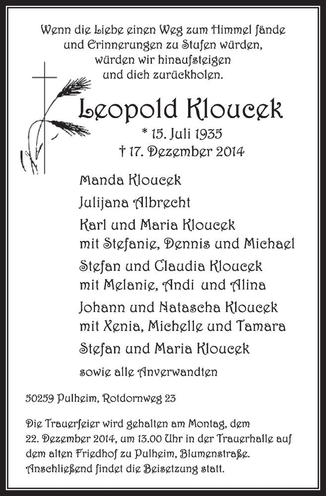  Traueranzeige für Leopold Kloucek vom 20.12.2014 aus  Sonntags-Post 
