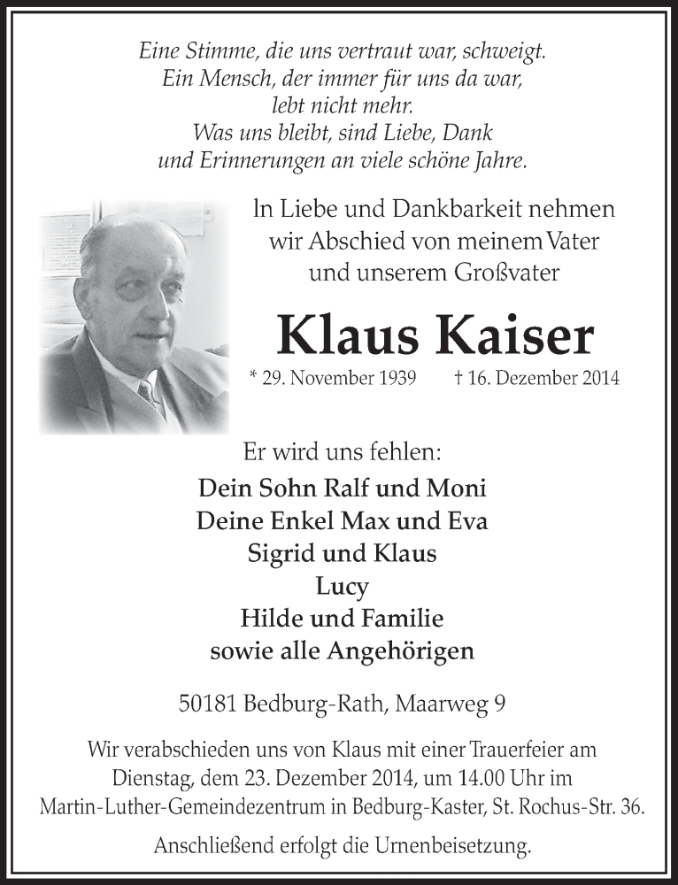  Traueranzeige für Klaus Kaiser vom 20.12.2014 aus  Sonntags-Post 