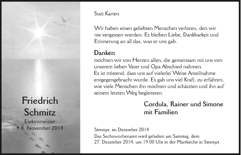  Traueranzeige für Friedrich Schmitz vom 21.12.2014 aus  Blickpunkt Euskirchen 