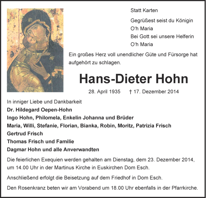  Traueranzeige für Hans-Dieter Hohn vom 21.12.2014 aus  Blickpunkt Euskirchen 