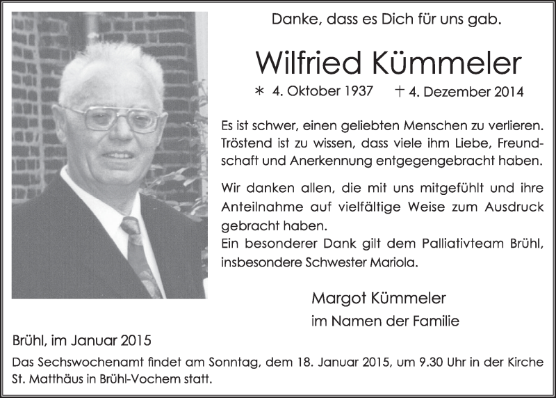  Traueranzeige für Wilfried Kümmeler vom 07.01.2015 aus  Schlossbote/Werbekurier 