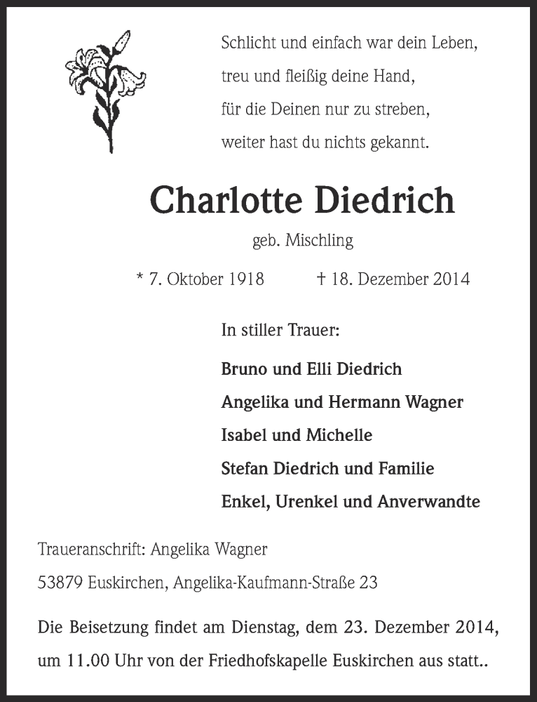  Traueranzeige für Charlotte Diedrich vom 21.12.2014 aus  Blickpunkt Euskirchen 