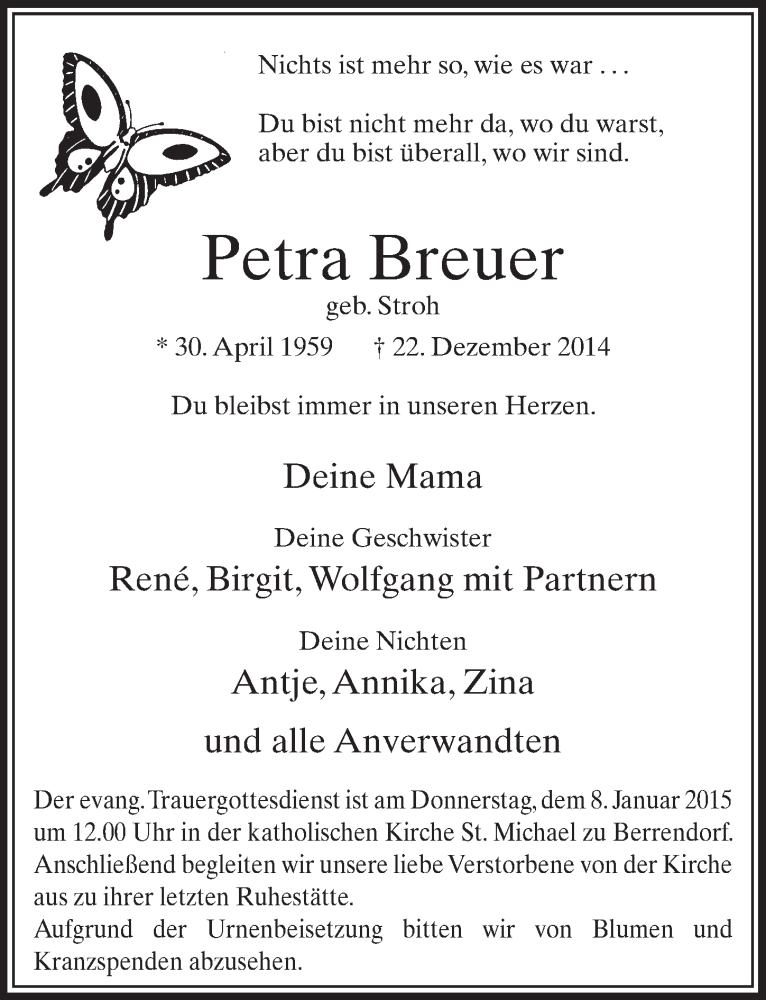  Traueranzeige für Petra Breuer vom 03.01.2015 aus  Sonntags-Post 