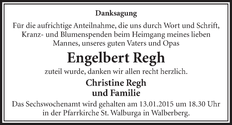  Traueranzeige für Engelbert Regh vom 07.01.2015 aus  Schlossbote/Werbekurier 