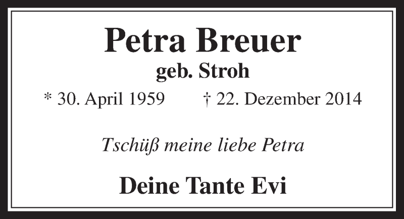  Traueranzeige für Petra Breuer vom 07.01.2015 aus  Werbepost 