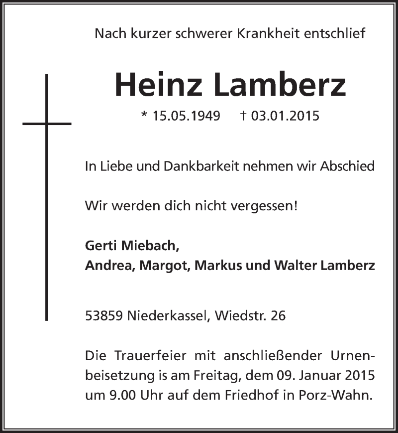  Traueranzeige für Heinz Lamberz vom 07.01.2015 aus  Kölner Wochenspiegel  Extra Blatt 