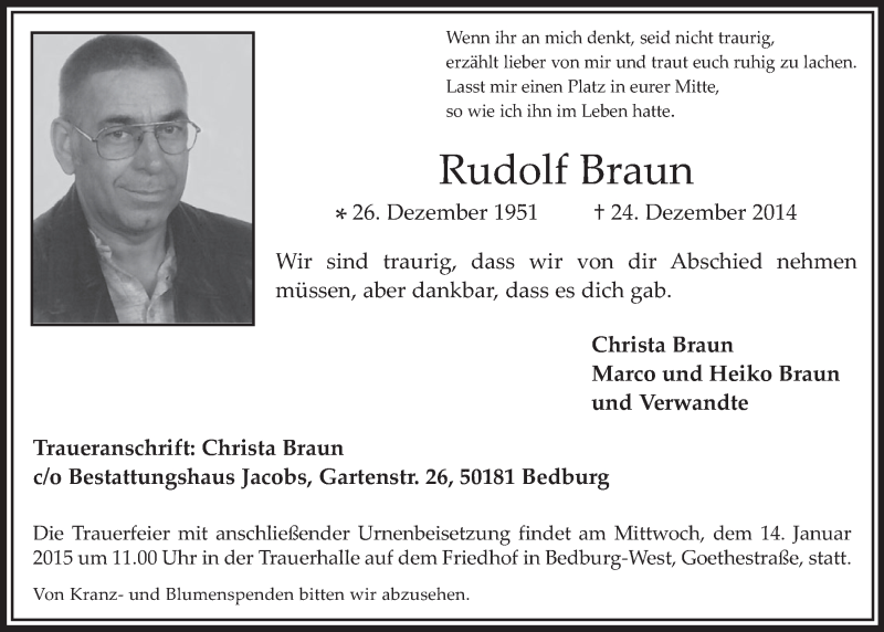  Traueranzeige für Rudolf Braun vom 07.01.2015 aus  Schlossbote/Werbekurier 