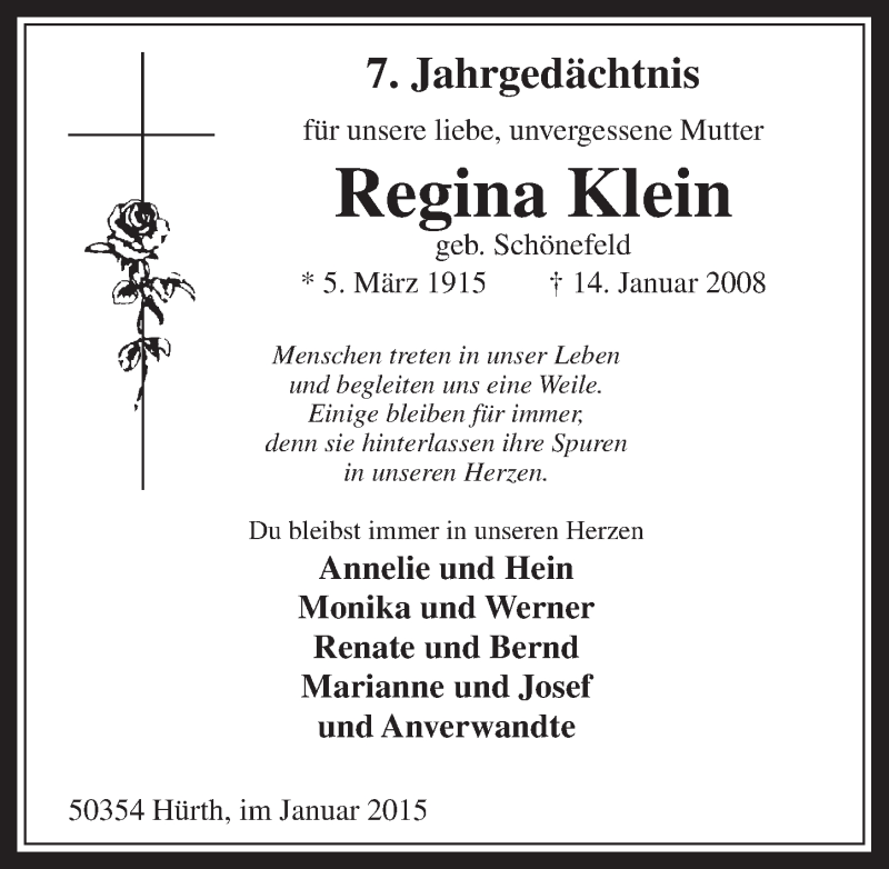  Traueranzeige für Regina Klein vom 14.01.2015 aus  Wochenende 