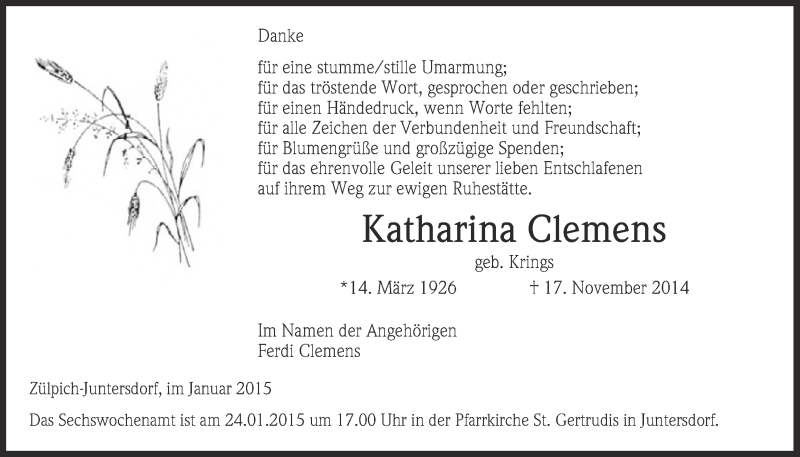  Traueranzeige für Katharina Clemens vom 11.01.2015 aus  Blickpunkt Euskirchen 