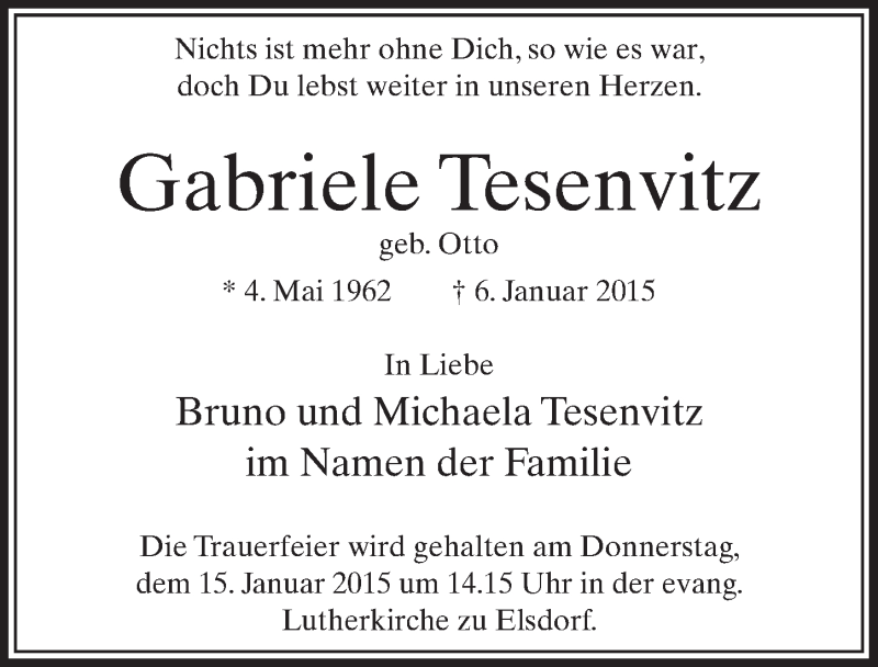  Traueranzeige für Gabriele Tesenvitz vom 10.01.2015 aus  Sonntags-Post 