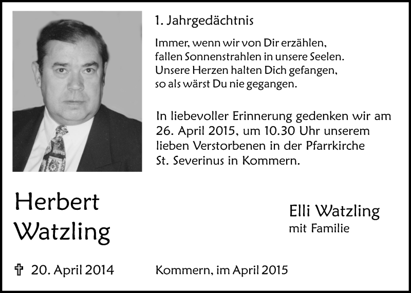  Traueranzeige für Herbert Watzling vom 19.04.2015 aus  Blickpunkt Euskirchen 