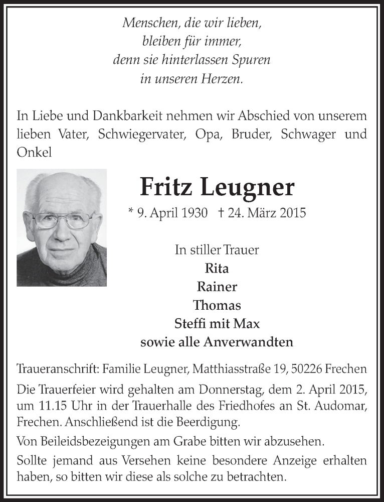  Traueranzeige für Fritz Leugner vom 28.03.2015 aus  Sonntags-Post 