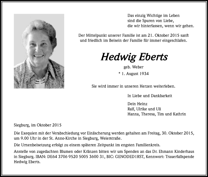  Traueranzeige für Hedwig Eberts vom 27.10.2015 aus Köln - Wir Trauern