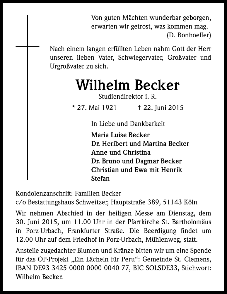  Traueranzeige für Wilhelm Becker vom 29.06.2015 aus Kölner Stadt-Anzeiger / Kölnische Rundschau / Express