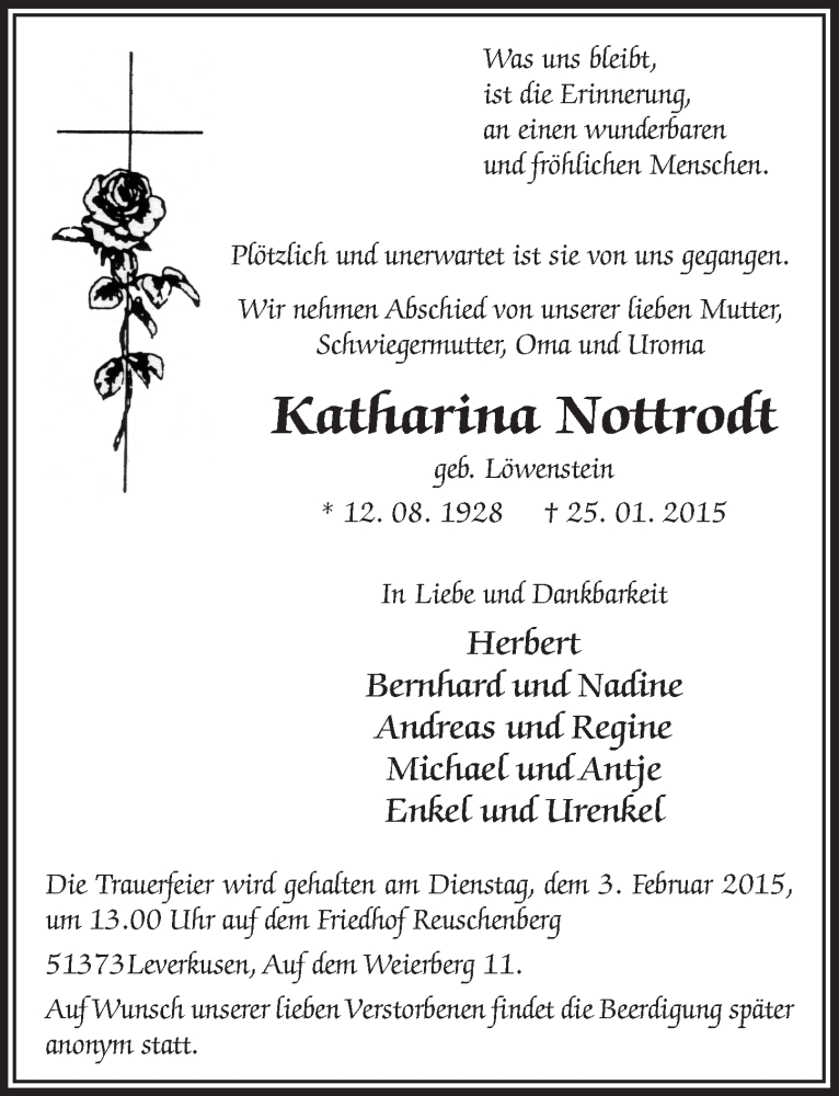  Traueranzeige für Katharina Nottrodt vom 31.01.2015 aus  Leverkusener Wochenende 