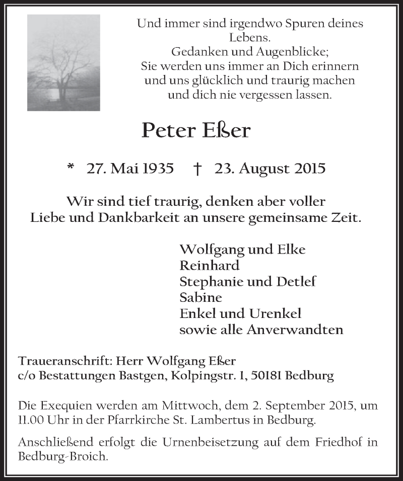  Traueranzeige für Peter Eßer vom 29.08.2015 aus  Sonntags-Post 
