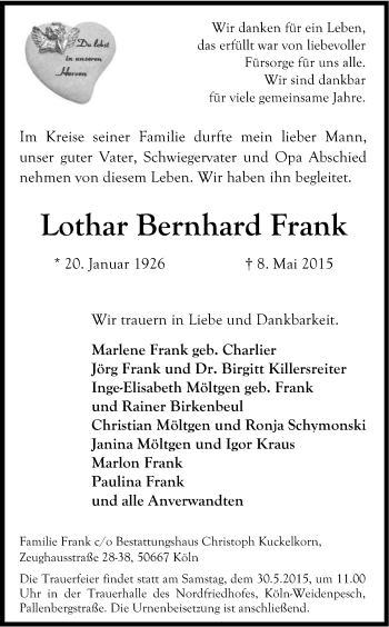 Anzeige von Lothar Bernhard Frank von Kölner Stadt-Anzeiger / Kölnische Rundschau / Express