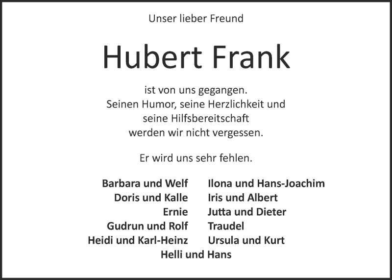  Traueranzeige für Hubert Frank vom 30.09.2015 aus  Kölner Wochenspiegel 