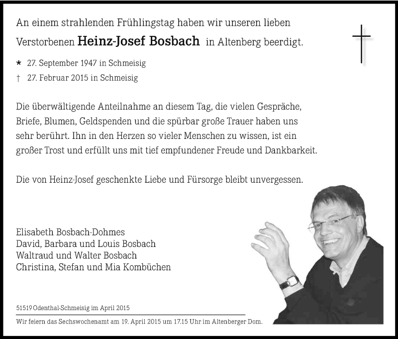  Traueranzeige für Heinz-Josef Bosbach vom 15.04.2015 aus Kölner Stadt-Anzeiger / Kölnische Rundschau / Express