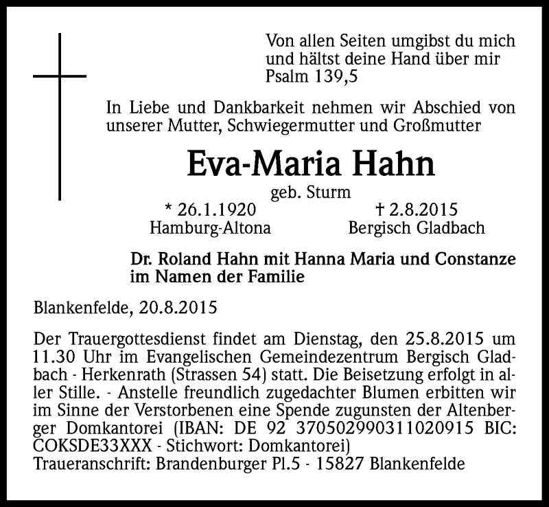  Traueranzeige für Eva-Maria Hahn vom 22.08.2015 aus Kölner Stadt-Anzeiger / Kölnische Rundschau / Express
