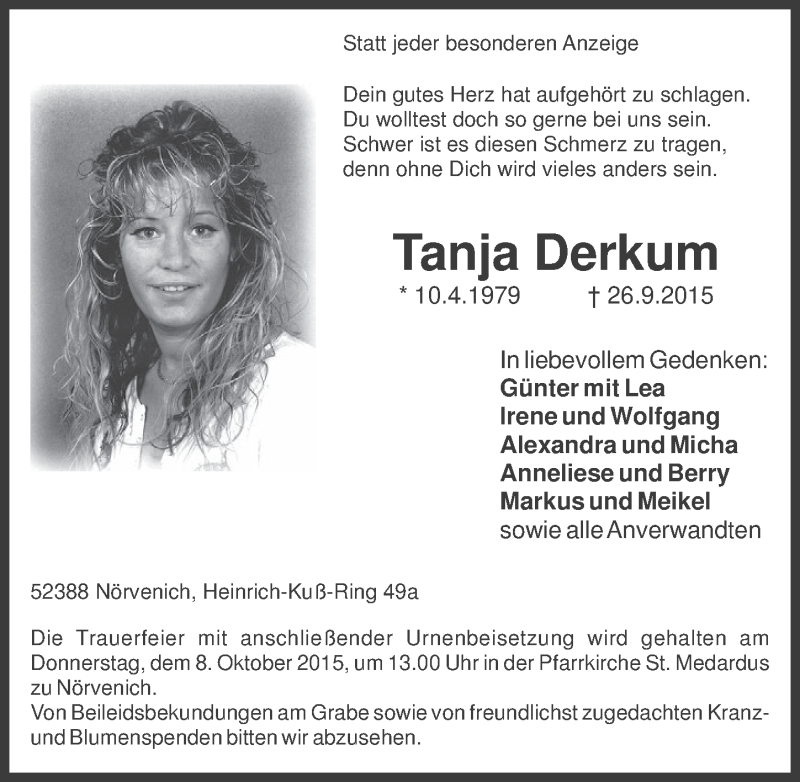  Traueranzeige für Tanja Derkum vom 07.10.2015 aus  Werbepost 