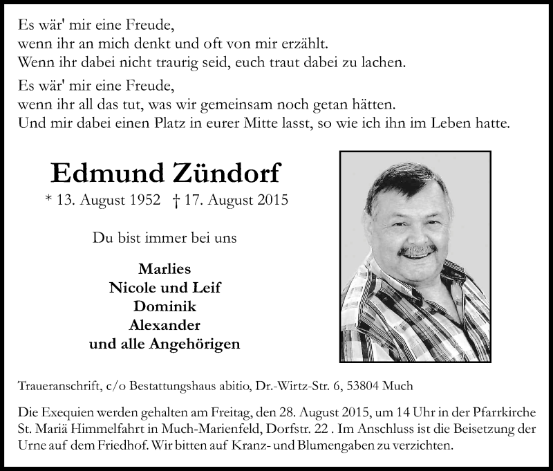  Traueranzeige für Edmund Zündorf vom 22.08.2015 aus Kölner Stadt-Anzeiger / Kölnische Rundschau / Express