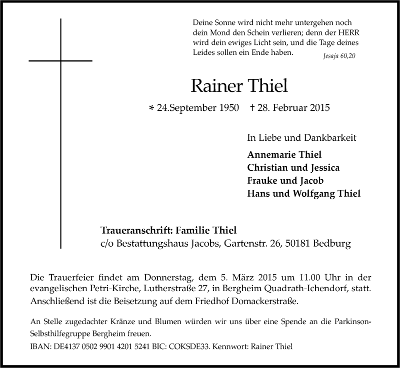  Traueranzeige für Rainer Thiel vom 04.03.2015 aus Kölner Stadt-Anzeiger / Kölnische Rundschau / Express