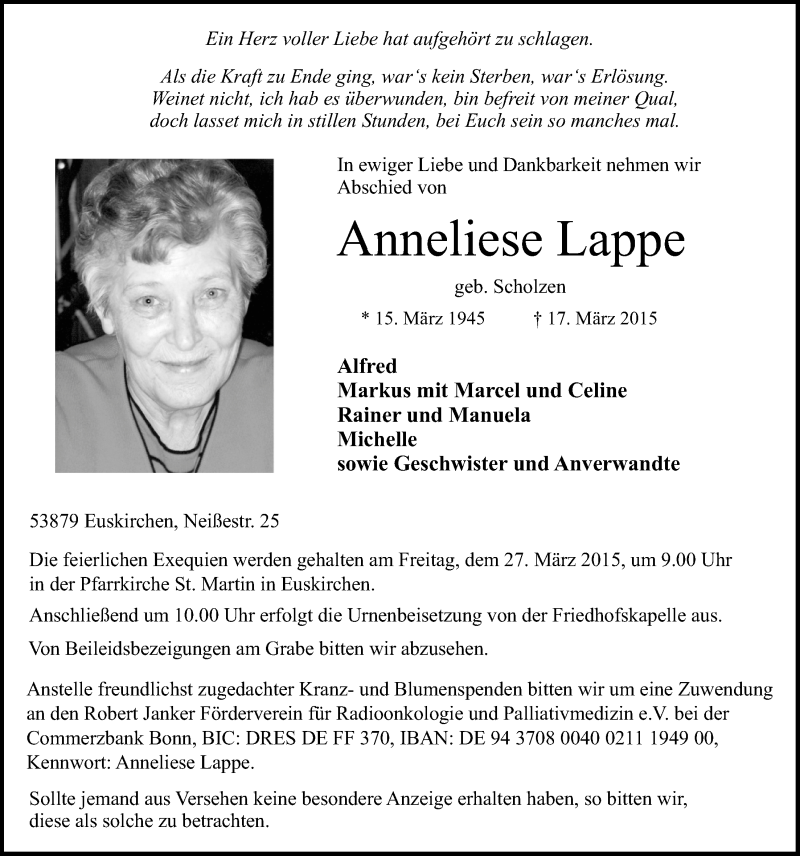  Traueranzeige für Anneliese Lappe vom 22.03.2015 aus  Blickpunkt Euskirchen 