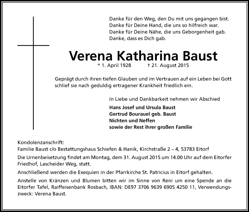  Traueranzeige für Verena Katharina Baust vom 27.08.2015 aus Kölner Stadt-Anzeiger / Kölnische Rundschau / Express