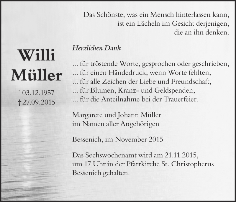  Traueranzeige für Willi Müller vom 15.11.2015 aus  Blickpunkt Euskirchen 
