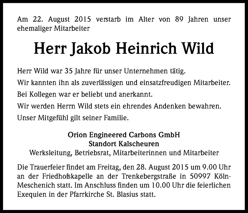 Traueranzeige für Jakob Heinrich Wild vom 27.08.2015 aus Kölner Stadt-Anzeiger / Kölnische Rundschau / Express