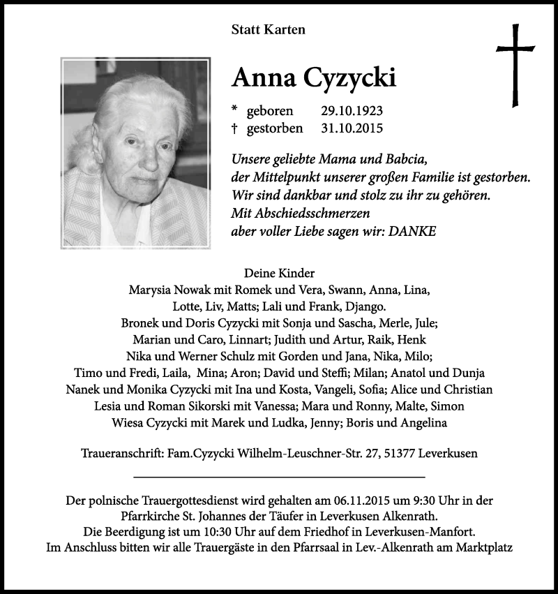  Traueranzeige für Anna Cyzycki vom 05.11.2015 aus Kölner Stadt-Anzeiger / Kölnische Rundschau / Express