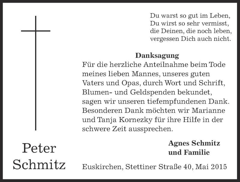  Traueranzeige für Peter Schmitz vom 03.05.2015 aus  Blickpunkt Euskirchen 