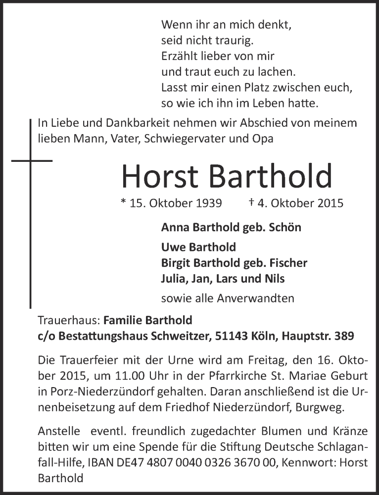  Traueranzeige für Horst Barthold vom 07.10.2015 aus  Kölner Wochenspiegel 