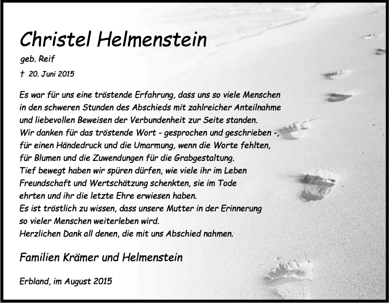  Traueranzeige für Christel Helmenstein vom 19.08.2015 aus Kölner Stadt-Anzeiger / Kölnische Rundschau / Express