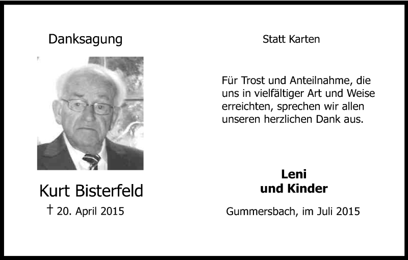  Traueranzeige für Kurt Bisterfeld vom 04.07.2015 aus Kölner Stadt-Anzeiger / Kölnische Rundschau / Express