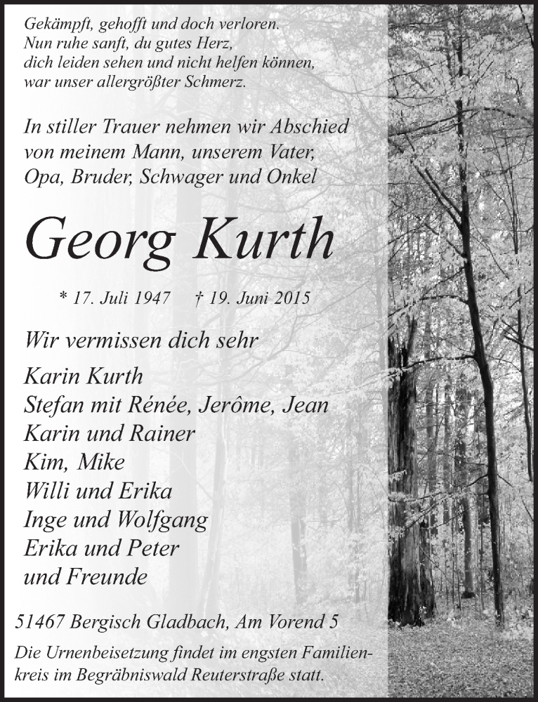  Traueranzeige für Georg Kurth vom 24.06.2015 aus  Bergisches Handelsblatt 