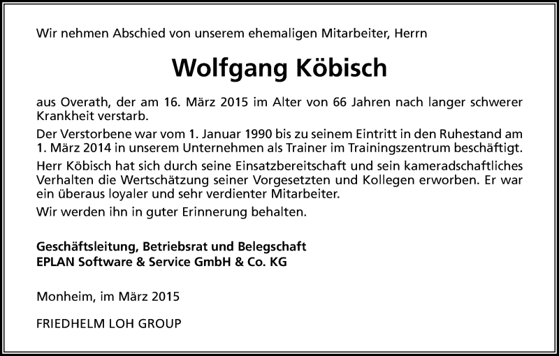  Traueranzeige für Wolfgang Köbisch vom 27.03.2015 aus Kölner Stadt-Anzeiger / Kölnische Rundschau / Express